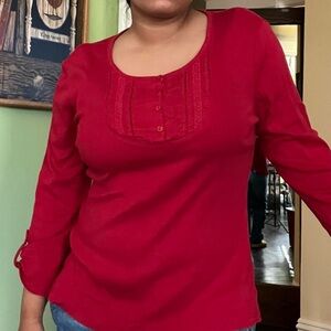 Dark red frilly pleated long sleeve top